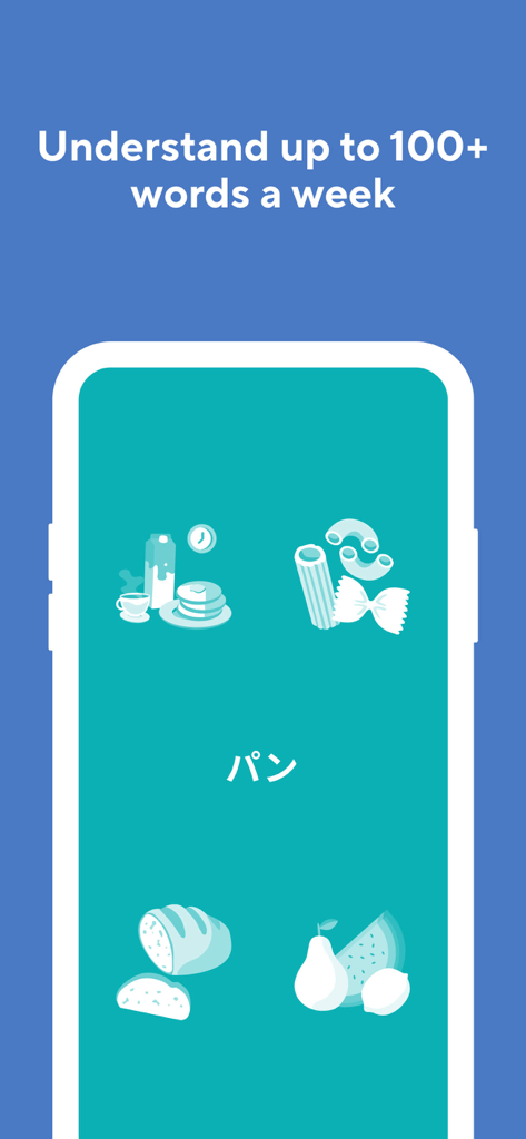 Learn Japanese - Drops - Drops app interface showing minimalist food illustrations and the goal to understand 100 plus Japanese words a week