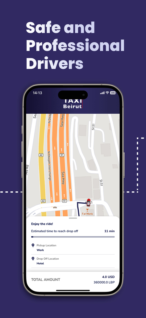 Taxi Beirut - Interfaz de la aplicación móvil Taxi Beirut que muestra el seguimiento de viaje en tiempo real con tiempo estimado de llegada y precios transparentes en USD y LBP.