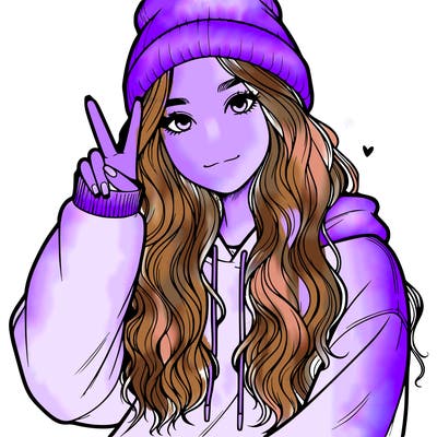 a teenage girl in a beanie, oversized sweatshirt, wavy long hair, and is showing a ✌️