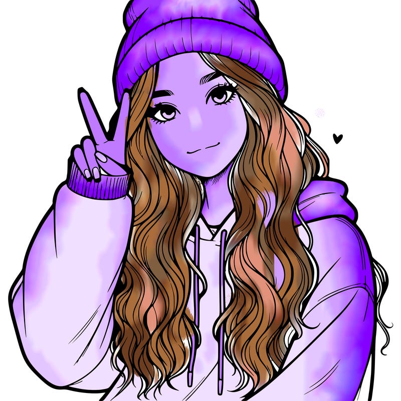 a teenage girl in a beanie, oversized sweatshirt, wavy long hair, and is showing a ✌️