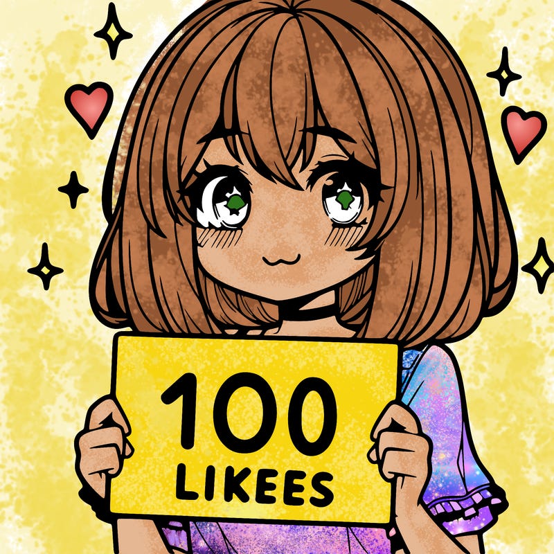 anima girl holding a 100 likes sign in her hand