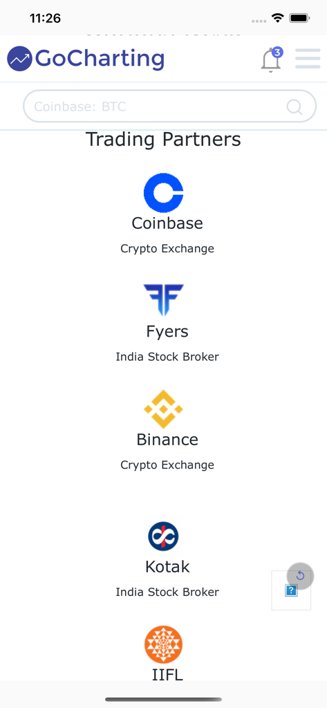 GoCharting - Tela do aplicativo móvel GoCharting exibindo uma lista de parceiros de negociação integrados, incluindo Coinbase Binance e corretores indianos