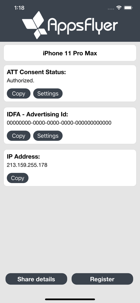 My Device ID by AppsFlyer app interface showing IDFA advertising ID and device details