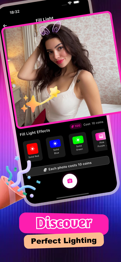 Kischat - Capture d'écran de l'application KisChat montrant la fonction de lumière de remplissage avec des filtres de couleur pour améliorer l'éclairage des selfies.