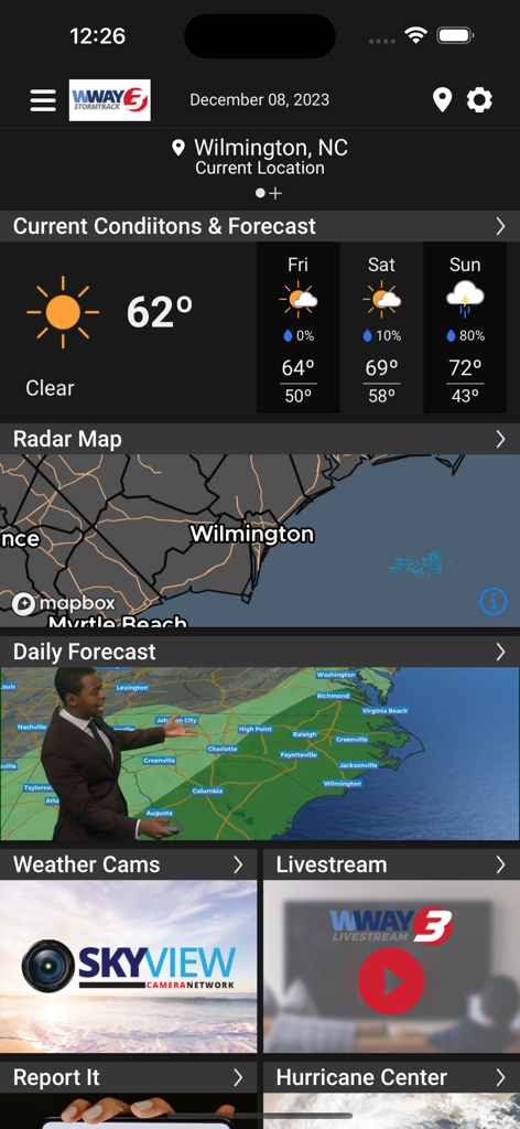 Interfaccia dell'app meteo WWAY TV3 StormTrack 3 con previsioni e mappa radar di Wilmington NC