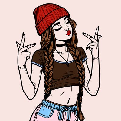 realistic teenage girl with braids and a beanie and crop top doing 🫶🏼