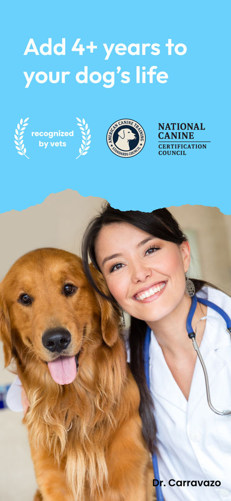 Dawgz AI - Health & Training - A smiling veterinarian with a golden retriever and text promoting increased dog longevity through health tracking
