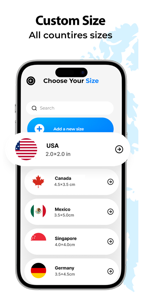 Passport Size ID Photo Maker - Smartphone-Bildschirm, der Passfoto-Größenoptionen für mehrere Länder in einer App anzeigt