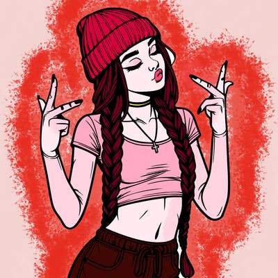 realistic teenage girl with braids and a beanie and crop top doing 🫶🏼