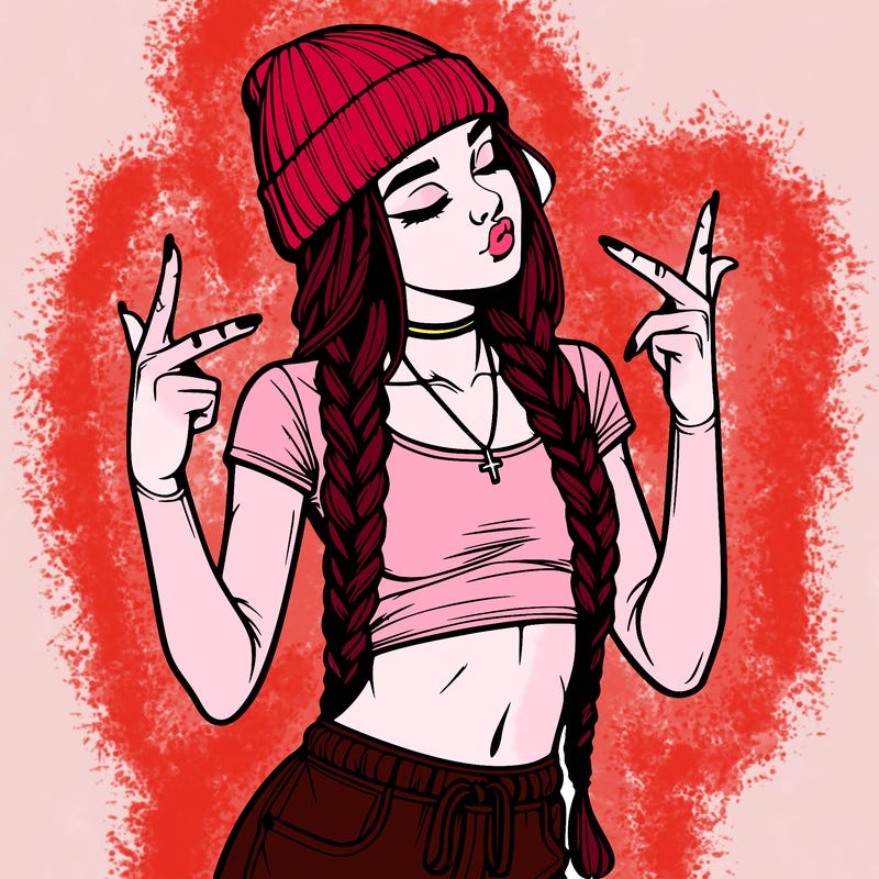realistic teenage girl with braids and a beanie and crop top doing 🫶🏼