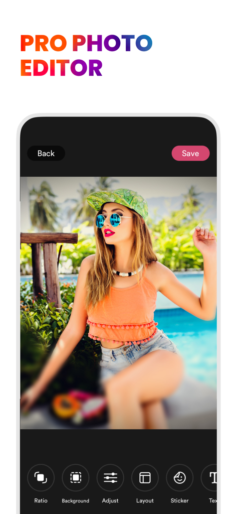 Square Fit: Photo Video Editor - Square Fit app showing the pro photo editing screen with a summer portrait and various editing tools like ratio, background, and stickers.