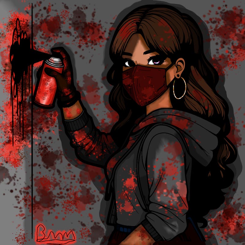 realistic girl with mask spray painting a wall