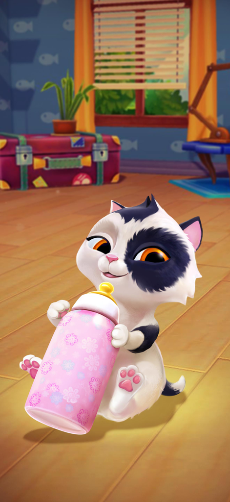 A cute black and white virtual kitten holding a pink floral baby bottle