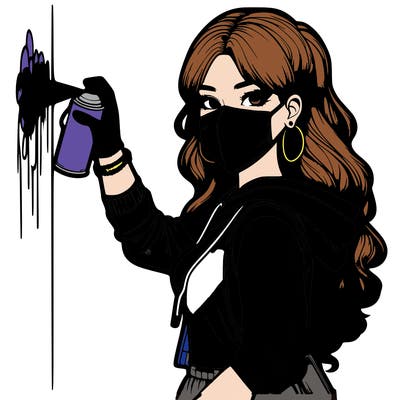 realistic girl with mask spray painting a wall