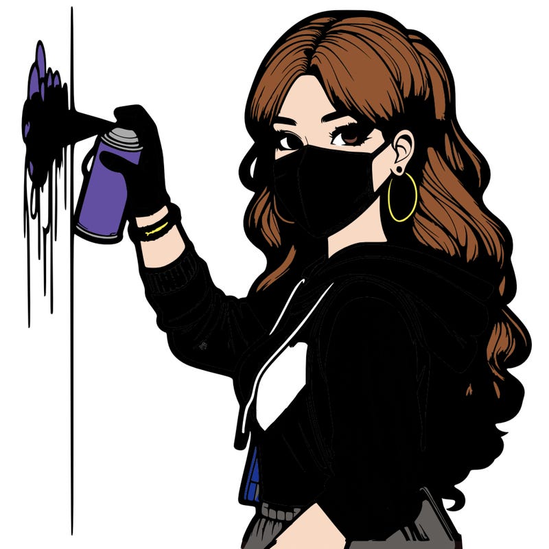 realistic girl with mask spray painting a wall