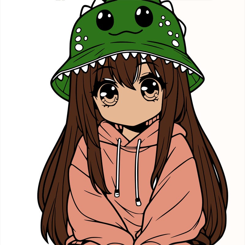 girl with anime shaped eyes with a dinosaur bucket hat oversized sweatshirt long straight hair