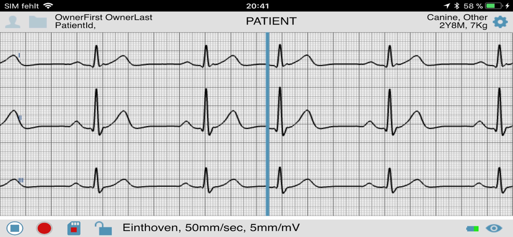 Televet app interface displaying a real-time three lead ECG waveform for a canine patient
