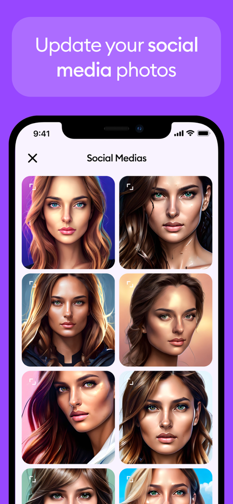 Dawn AI 앱에서 소셜 미디어 프로필 사진용으로 AI 생성된 여성 초상화 모음