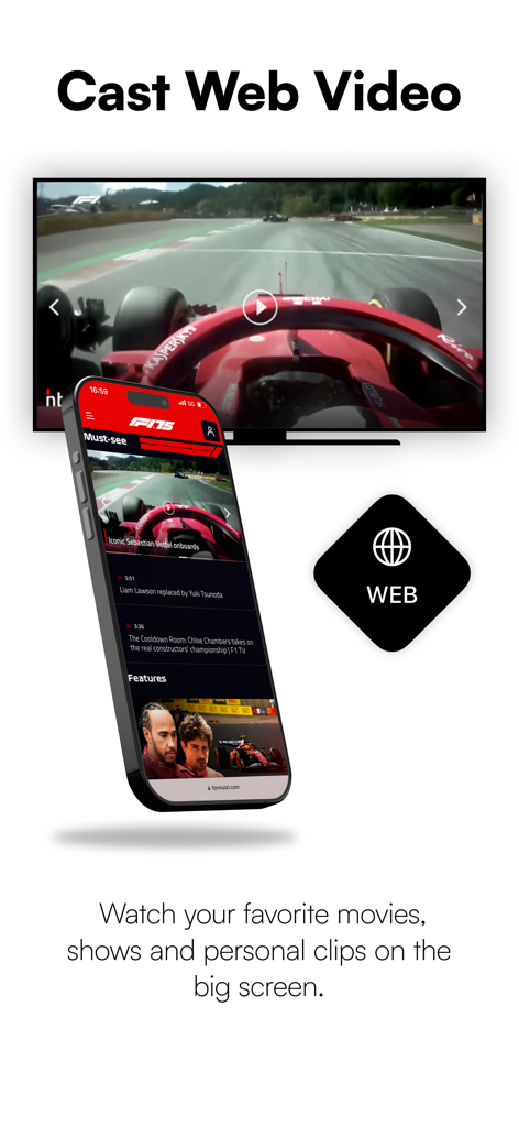 La pantalla de un iPhone transmitiendo un video de Fórmula 1 desde un navegador web a una pantalla de televisión grande