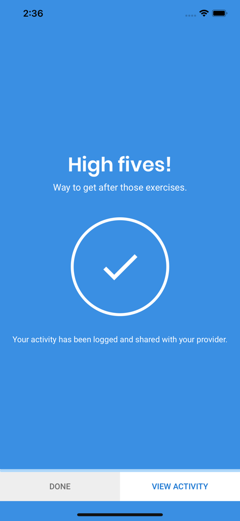 A success screen in the Medbridge GO app confirming that patient exercise activity has been logged and shared with their healthcare provider
