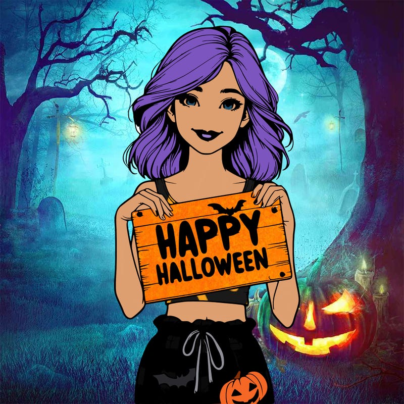 realistic girl with halloween crop top and halloween pants with a sing that said happy halloween