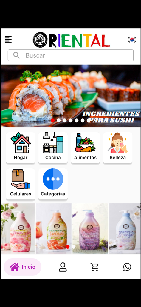 Shopp Oriental - Pantalla de inicio de la aplicación móvil Shopp Oriental mostrando categorías de compras como comida, belleza y productos para el hogar
