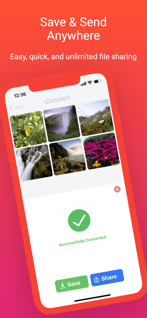 Interfaz de la aplicación Convertidor de Imágenes mostrando un mensaje de conversión exitosa con opciones para guardar y compartir imágenes.
