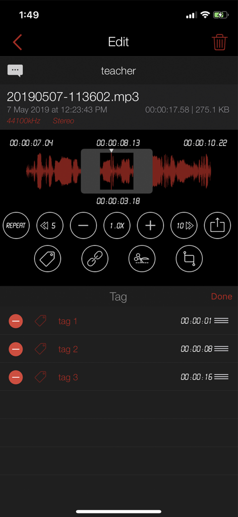 Awesome Voice Recorder PRO AVR - Interface of Awesome Voice Recorder PRO showing audio waveform editing and a list of tags