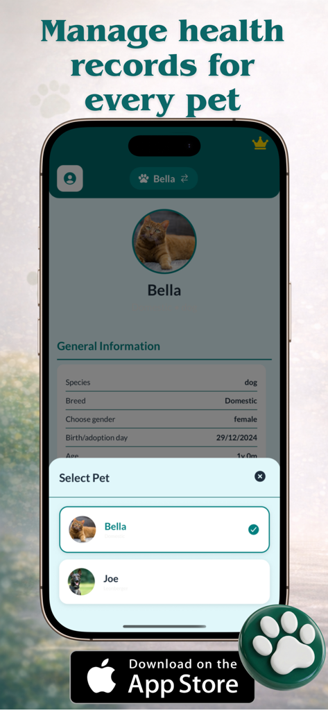 Vet Record - pet health track - Vet Record app interface showing a pet health profile and a selection menu to switch between multiple pets