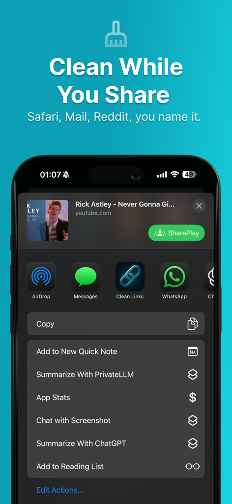 Clean Links - QR Code Reader - Clean Links app icon integrated into the iOS share sheet menu on an iPhone.