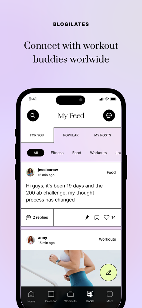 Body by Blogilates - A smartphone displaying the My Feed social community section of the Body by Blogilates app featuring user posts and workout categories.