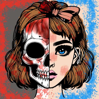 realistic girl with half skull mask