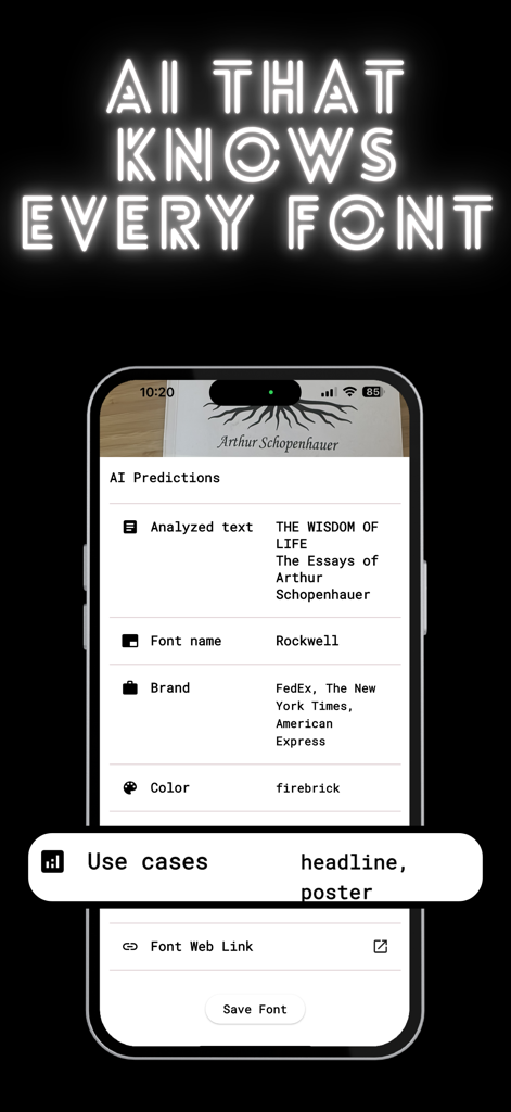 Font identifier - FontScan AI - FontScan AI App-Oberfläche identifiziert die Rockwell-Schriftart und zeigt deren Markennutzung und Designempfehlungen an
