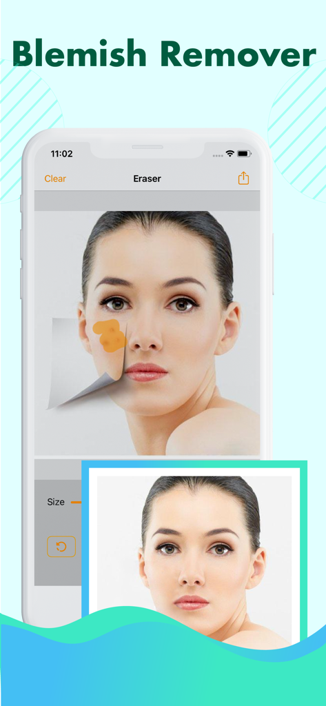 인물 사진의 피부 보정을 보여주는 블레미시 제거 도구 인터페이스.