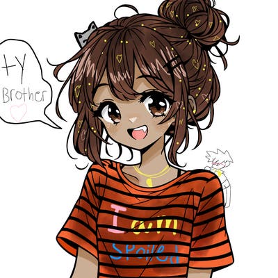 anime girl teenager striped shirt and smile and messy bun