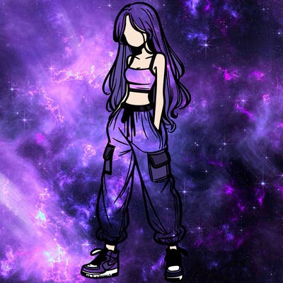 girl in baggy pants crop top and long hair