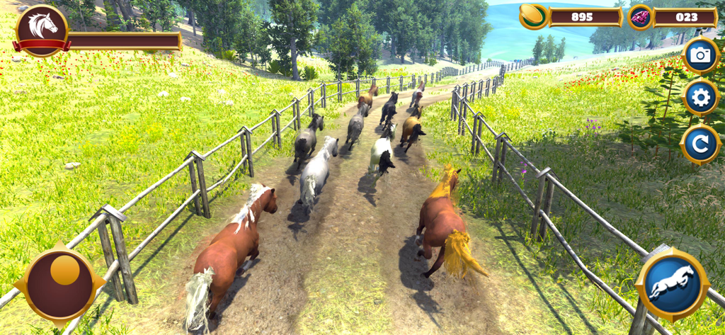 Virtual Horse Family Simulator - Una manada de diversos caballos corriendo juntos por un sendero cercado en un juego de simulación 3D