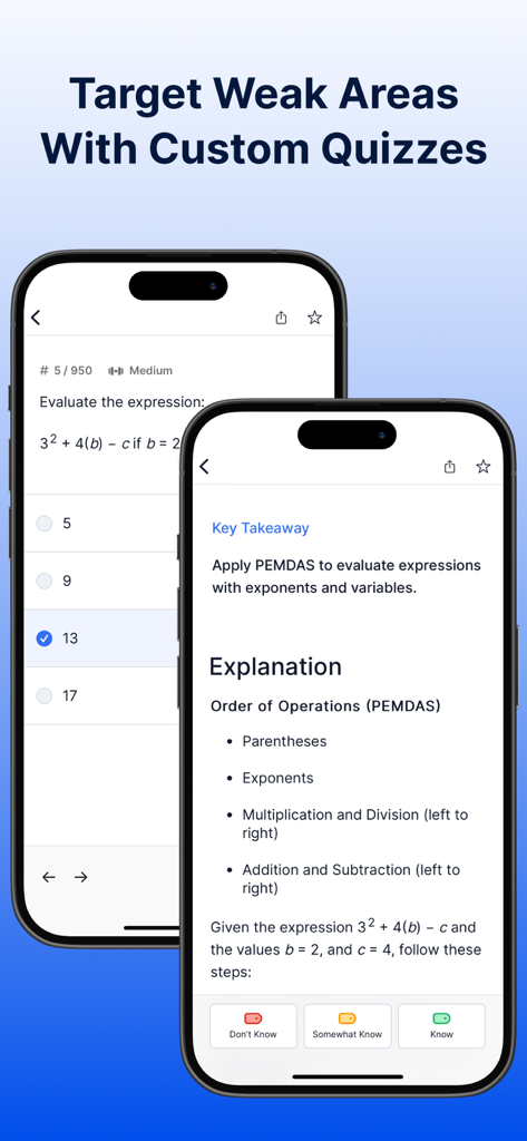 ASVAB Mastery app interface showing a custom math quiz with a detailed PEMDAS order of operations explanation.