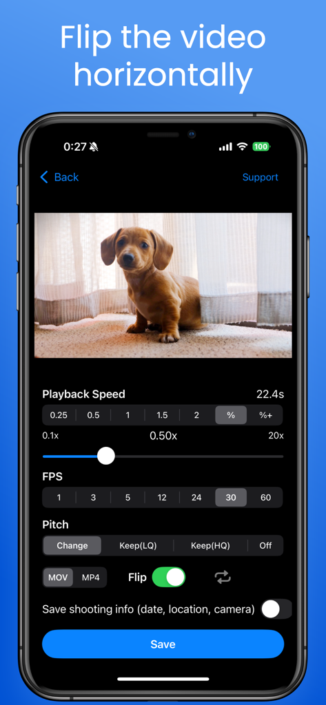 iPhone screenshot of Easy Video Speed Editor app showing the flip video horizontally feature and playback speed controls