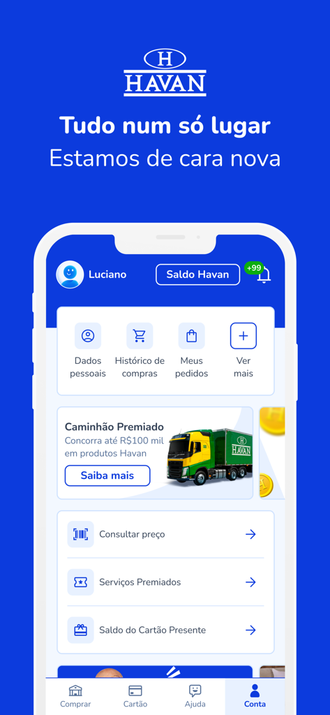 User account dashboard in the Havan mobile app displaying balance and order options