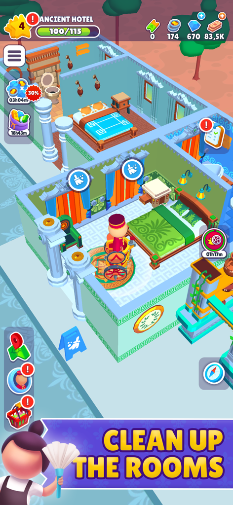 A character cleaning a bedroom in the Ancient Hotel level of My Perfect Hotel.