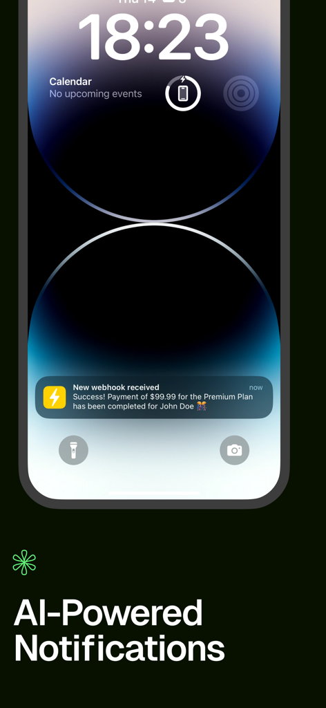 Webhook Notifications - Hook - Smartphone lock screen showing an AI powered human readable webhook notification for a successful payment
