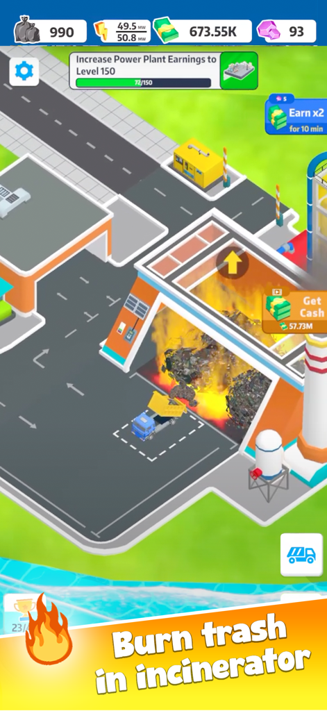 A garbage truck dumping waste into a burning incinerator in the Trash Tycoon Idle Empire game