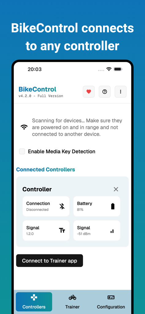 A interface do aplicativo BikeControl para conectar controladores Bluetooth para aprimorar sessões de ciclismo indoor