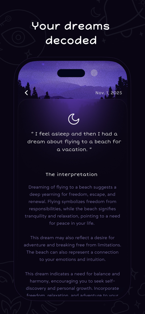 DreamOwl: Dream Journal - DreamOwl app interface displaying an AI decoded interpretation of a dream about flying to a beach