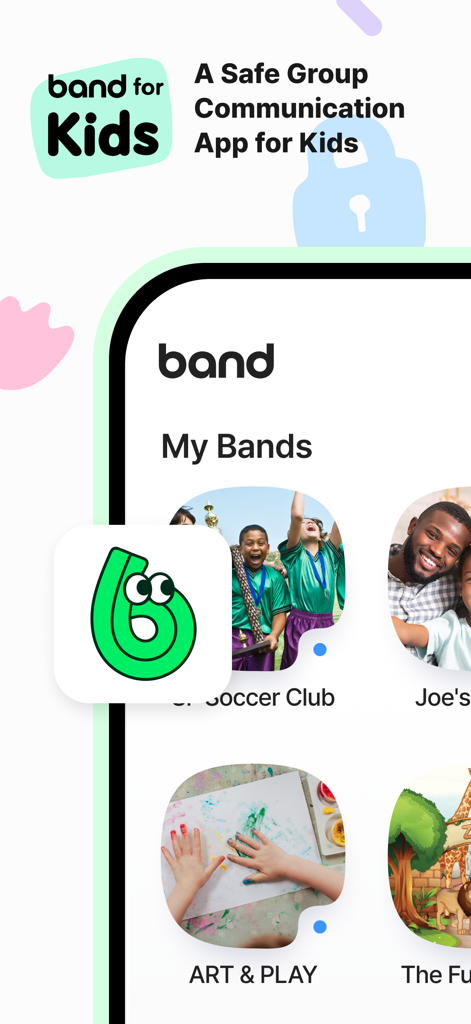 Oberfläche der BAND for Kids App, die private soziale Gruppen für Fußball- und Kunstclubs in einer sicheren Umgebung zeigt