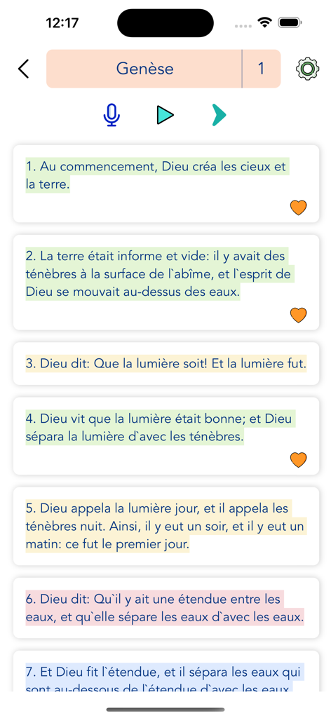 French Bible - Offline - Aplicación Biblia en Francés mostrando Génesis capítulo uno con versículos resaltados e iconos de navegación.