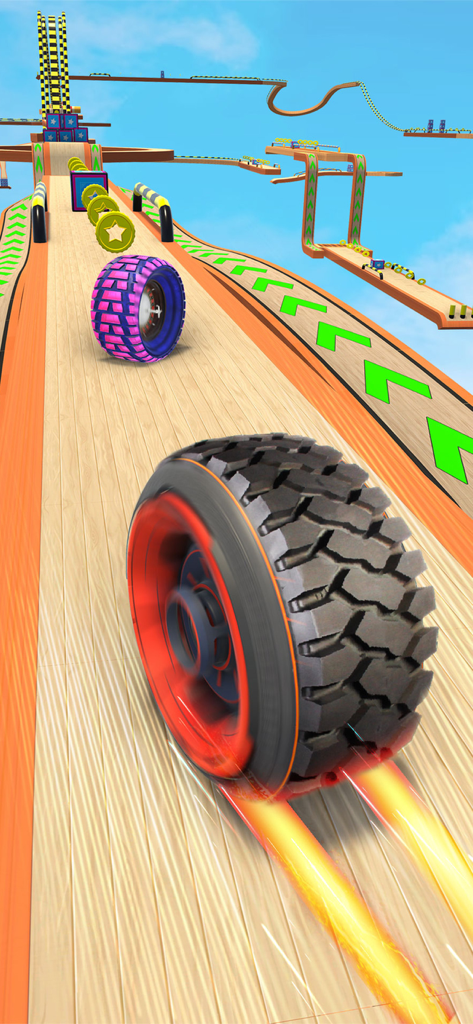 Going Tire: Merge Ball Games - Un neumático rodando a alta velocidad en una pista de madera en el cielo