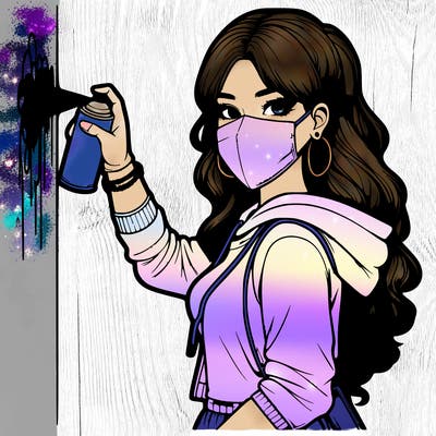 realistic girl with mask spray painting a wall
