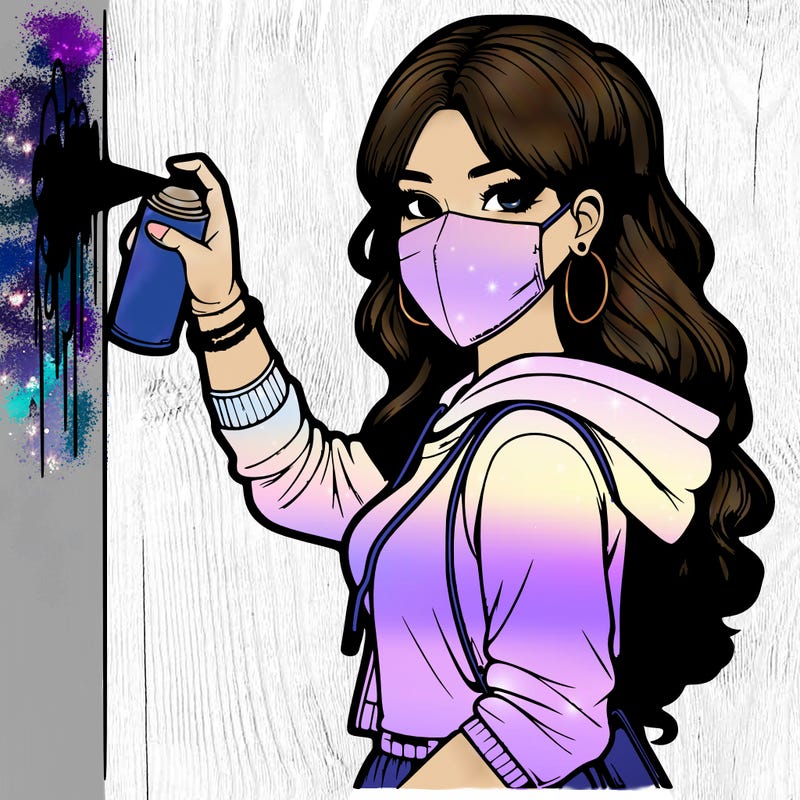 realistic girl with mask spray painting a wall